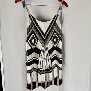 Alice + Olivia Beaded Sequin Mini Dress Black White Gold Geometric size 8